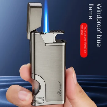 Металлическая ветрозащитная бутановая газовая зажигалка прямого заряда прозрачная газовая камера портативная турбинная зажигалка с сильным синим пламенем