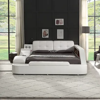 Многофункциональный каркас мягкой кровати для хранения, массажный шезлонг слева, двуспальный размер, белый