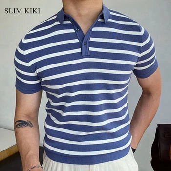 Мужская вязаная эластичная рубашка-поло Легкая футболка Полосатая одежда для гольфа Шикарная повседневная дышащая мужская дизайнерская одежда блузка