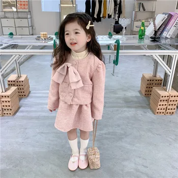 Набор для девочек 2024 Весна и осень Новая корейская одежда Детская одежда Бант Пальто Полуюбка Комплект из двух частей Модный и универсальный