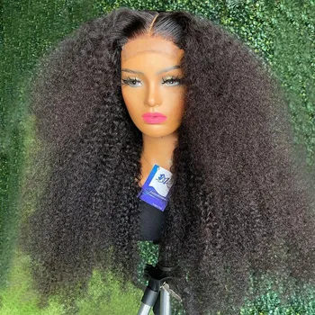 Натуральный черный мягкий бесклеевой 26-дюймовый 180-дюймовый кудрявый кружевной передний парик плотности для женщин с детскими волосами, предварительно выщипанный ежедневный косплей