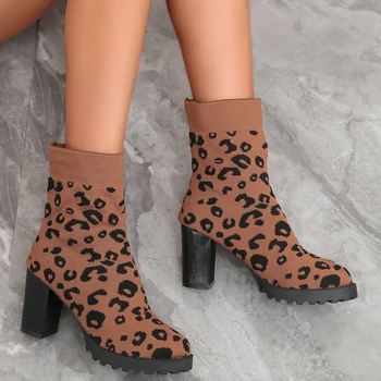 Осенние вязаные леопардовые женские сапоги Сапоги на высоком каблуке Женские новые модные сетчатые дышащие женские сапоги Высокие каблуки