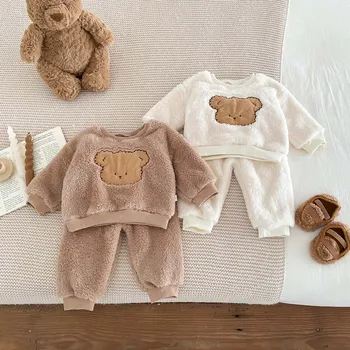 осень-зима новые мальчики 2шт комплект одежды милый маленький медведь плюшевые пуловеры свободные волосатые брюки костюм для малышей и мальчиков наряды