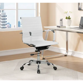 Офисный стул из искусственной кожи с ребристой спинкой, регулируемая высота, белый, для подростков и взрослых