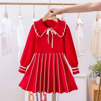 Платье для девочек 2022 Осень Новое модное и милое корейское вязаное платье Trend 100 плиссированное шерстяное платье с длинным рукавом