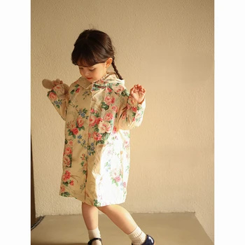 Повседневные платья для девочек Детский сад Корейские фрагментированные цветы Девочки Осеннее пальто Прилив Детская одежда Печать на пуговицах