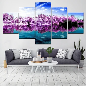 Пурпурный лесной пейзаж 5 шт. холст обои современный плакат модульная художественная картина для гостиной домашний декор