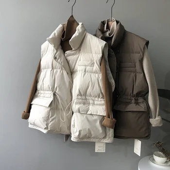 Пуховый хлопковый жилет для женщин, свободный воротник-стойка, поясная куртка, толстый жилет, новая корейская версия, осень и зима 2023