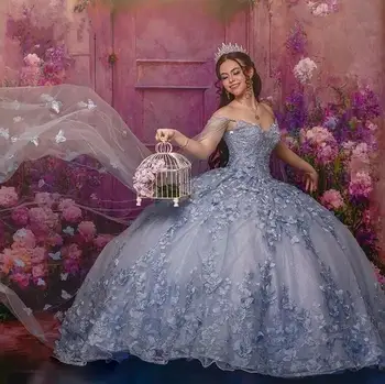 Пыльно-синие платья Quinceanera 2024 с отдельной накидкой с открытыми плечами Crystal Princess Sweet 15 16 Платье Выпускные платья