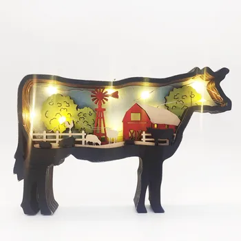 резной орнамент для крупного рогатого скота 3D полый многослойный креативный деревянный резной животный поделки свиньи овцы со светом для рабочего стола домашний декор