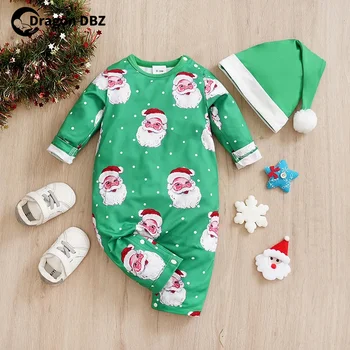 Рождество Санта-Клаус Принт Одежда для мальчиков Зеленый костюм Дети Девочка Комбинезон Комбинезон от 0 до 3 6 9 12 18 месяцев Пижамы Вещи