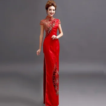 Свадебное красное Qipao Gold 3D Кружевное Цветочное Свадебное Платье Свадебное Платье