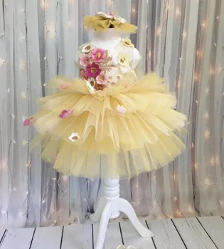 Светлый Шампанское Девочка День Рождения Платье Кружево 3D Цветы Маленькая Принцесса Одежда Малыш Девочки Свадебное Платье