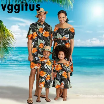 Семья из четырех человек Одежда для отдыха и путешествий Гавайский комплект рубашек для родителей и детей Платье для матери и дочери Семейная одежда H2050