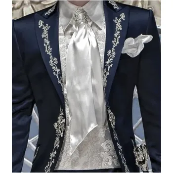 темно-синий Вышивка Атлас Мужчины Костюмы 2 шт. Итальянский приталенный костюм Homme Смокинги Формальный блейзер Жених Свадебное выпускное платье