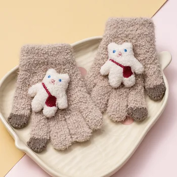 Теплые осенне-зимние перчатки Перчатки с полным пальцем Утолщенные морозостойкие теплые варежки Медведь ветрозащитные трикотажные перчатки Мальчики Девочки