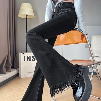 Узкие джинсы Женские женские брюки с высокой талией для похудения летом Большой грубый стиль Selvedge в черных брюках-клеш