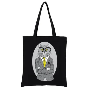 холщ сумка для покупок антропоморфная кошка в костюме и очках Изготовленная на заказ сумка с логотипом Женские сумки Тканая сумка Totebag