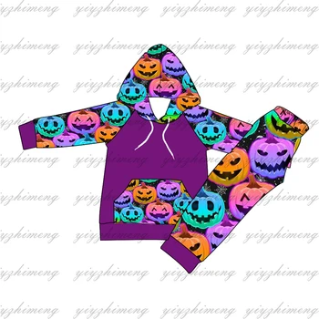 Хэллоуин Фиолетовая тыква Принт для детей Мальчики Толстовка с капюшоном для детей плюс пуловер для мальчиков Комплект толстовки с капюшоном