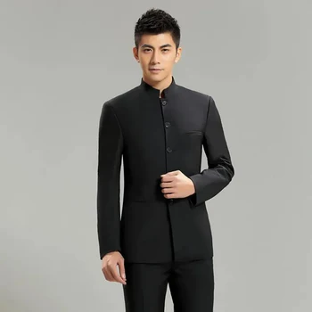 Черный мужской костюм Чжуншань Двойка (куртка + брюки) Облегающий крой и красивый мужской повседневная повседневная одежда trajes de hombre
