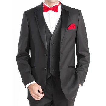  Черный свадебный жених Смокинги 3 шт. Зубчатый лацкан с двумя пуговицами Изготовленный на заказ костюм для деловой вечеринки (пиджак + брюки + жилет)