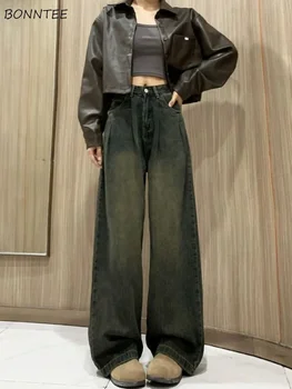 Широкие джинсы Женские свободные винтажные джинсовые ткани полной длины Корейская модная одежда Ulzzang Простой вымытый парень Хай-стрит 
