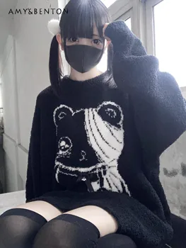 Японский сладкий свитер с мультяшной вышивкой Зима Женщины Mine Goth Slim Oversize Свитер Y2K Принт Harajuku Черный пуловер